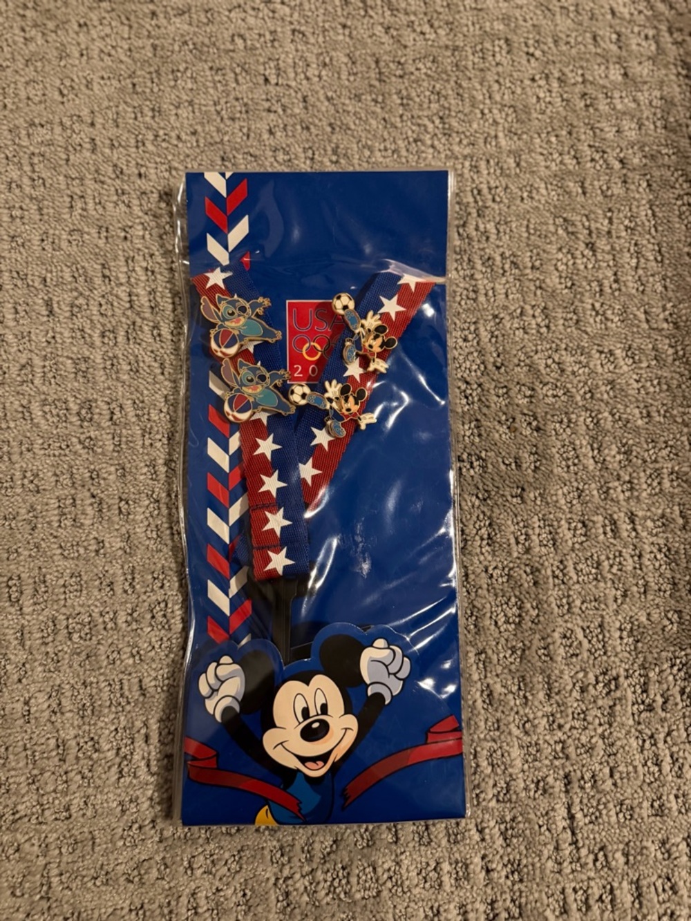 2004 Disney Olympic Mickey Mouse Red, White & Blue Lanyard with Character Pins
